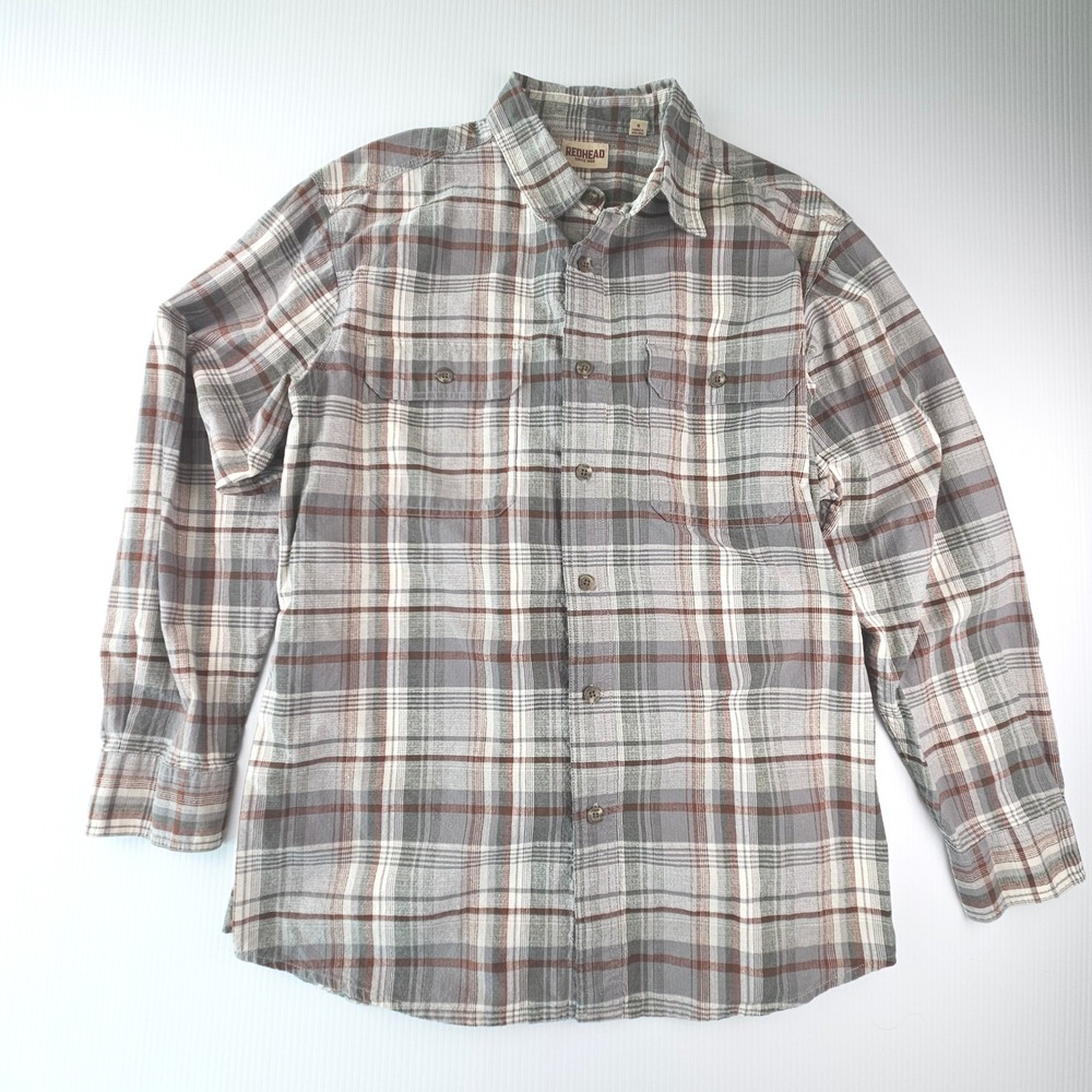 Redhead Mens Plaid Shirt Grey Green Brown Cotton Button Down L 602RHF24-8573W